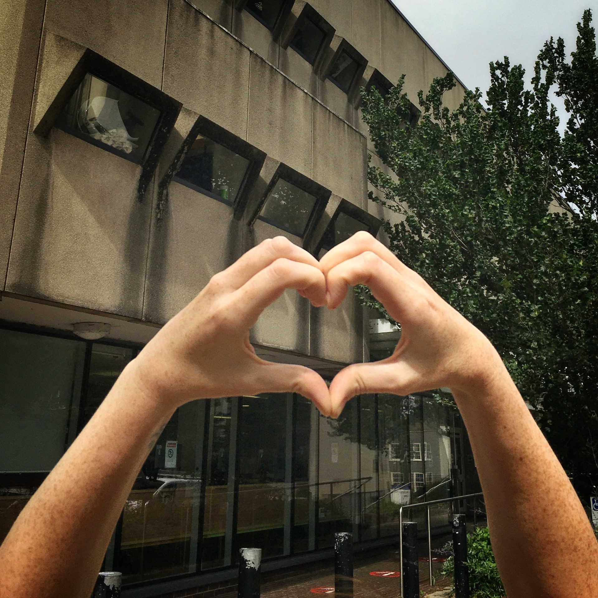 Somebody holds up their hands to create a heart shape in front of the Arts and Social Sciences Library